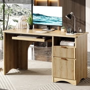 Bestier 55" Computer Writing PC Desk Home Office with Power Outlets Keyboard Tray and Storage Drawers, Log