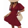 thumbnail image 3 of Women'S Ruched V Neck High Waist Casual Short Sleeve A-Line Dress Wine Red XL, 3 of 9