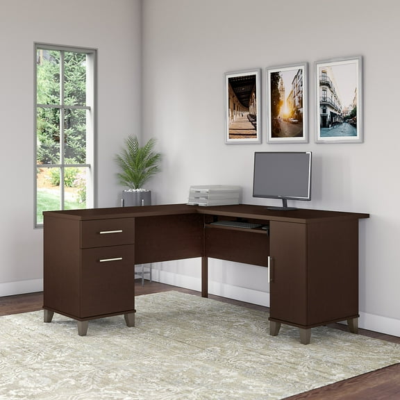 Bush Furniture Somerset 60 in L Desk with Keyboard Tray, File Drawer, Box Drawer and Storage Cabinet in Mocha Cherry (Ships in 2 Boxes)