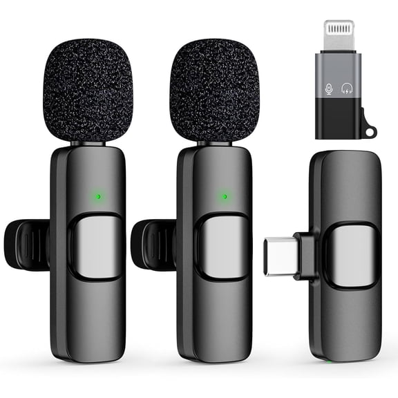 2 Pack Rechargeable Wireless Lavalier Lapel Microphone for Type-c, iOS and Android System-Mini Microphone Noise Reduction,Clip on Mic, for Video，interviews, Podcast, Vlog
