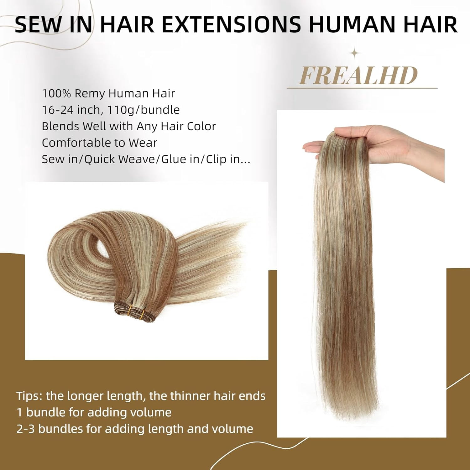 Sew in Hair Extensions Real Human Hair, 110g 20 inch Highlighted Color Ash Brown Mix with Platinum Blonde Hair Extensions Double Weft Remy Straight Weave Bundles Human Hair