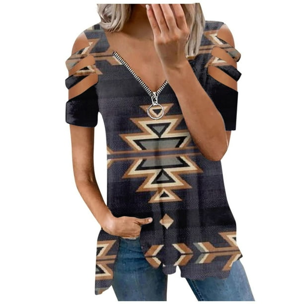 Blusa de manga corta con cuello en V y cremallera suelta para mujer OAVQHLG3B Store lin121212