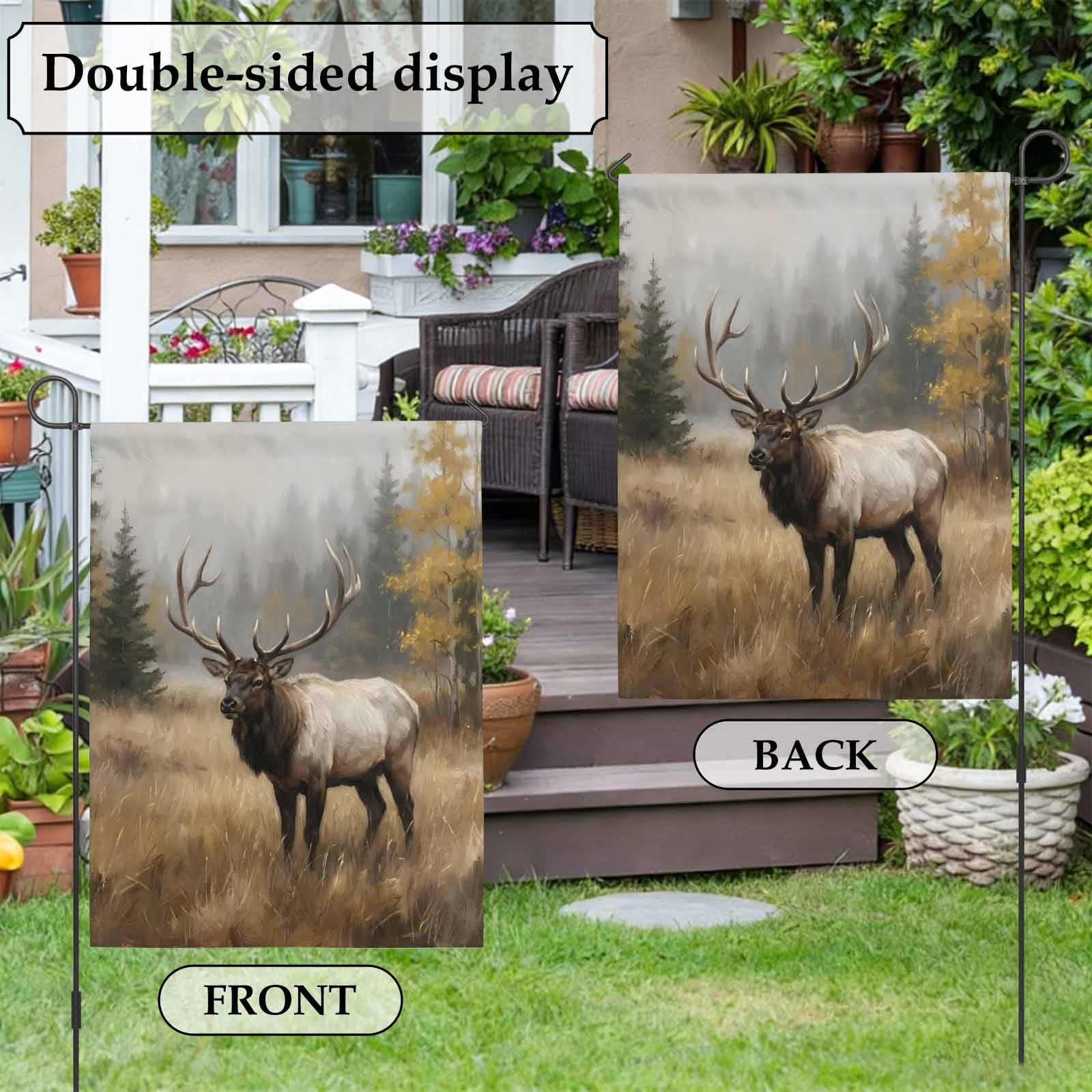 Bull Elk House Flag 28 x 40 Inches, Foggy Gray Wild Animal Pine Forest Landscape Farmhouse Weather Proof Outdoor Patio Flags Double Sided Small House Decoration for Yard Lawn Outside Home