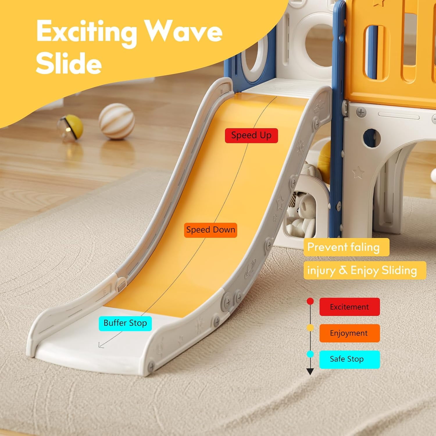EAYSG 8 in 1 Toddler Dual-Platform Slide,Kids Slide Playset for Toddler,Indoor Outdoor Slide Toddler Playset with Ball & Hoop, Storage Space and Non-Slip Steps (L/Blue Orange)
