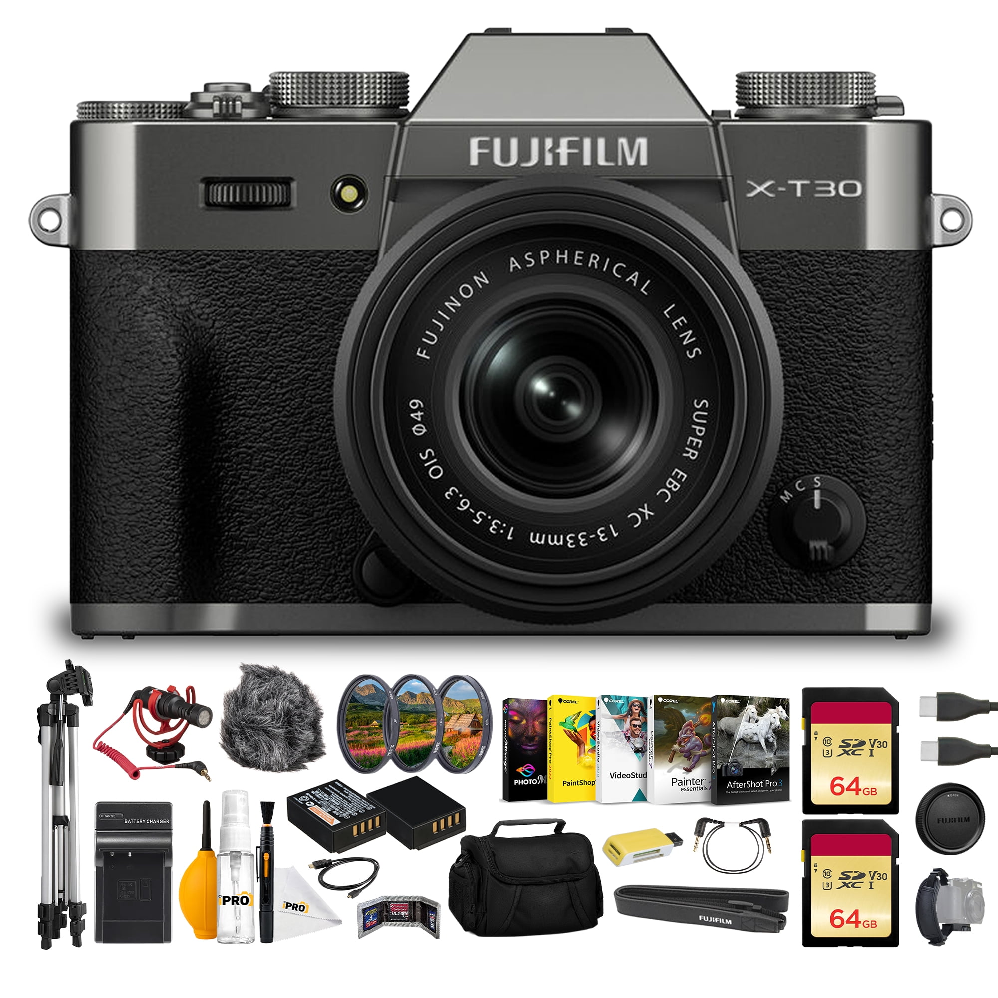 FUJIFILM X-T30 III Mirrorless Camera with 13-33mm f/3.5-6.3 Lens (Charcoal Silver) Bundle With VideoMicro Ultracompact on Camera-Mount Microphone + 64GB Memory Card + Cleaning Kit + More