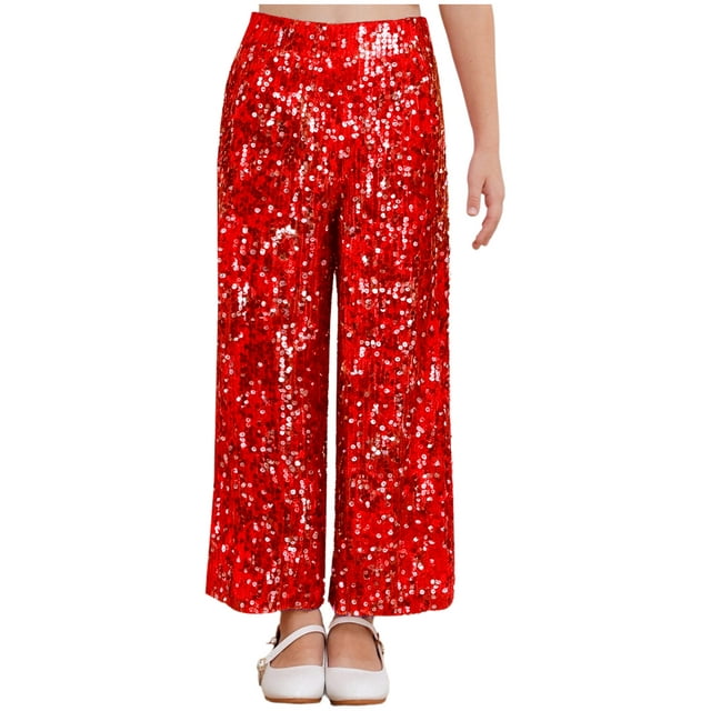 TTAO Pantalon à Sequins pour Filles, Pantalon de Danse Disco Scintillant, Pantalon Grand Rouge 6