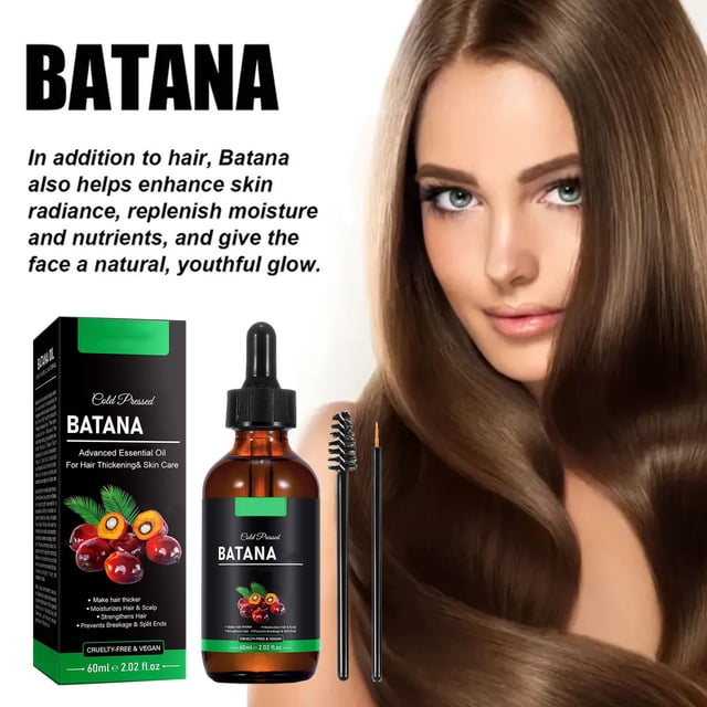 batana for hair growth oil,hair growth oil,hair oil,stimulates hair growth, batana moisturizes and repairs dryness, 60ml Blanco YOUSIM Botella ámbar de 60ml con gotero etiquetada Batana junto a su caja negro y verde con ilustración de frutas, un cepillo tipo máscara y un aplicador fino, y una modelo de cabello largo; destaca contenido neto 60ml, accesorios incluidos y formulación para hidratación y crecimiento capilar; a menudo se usa para zonas de sequedad del cuero cabelludo.