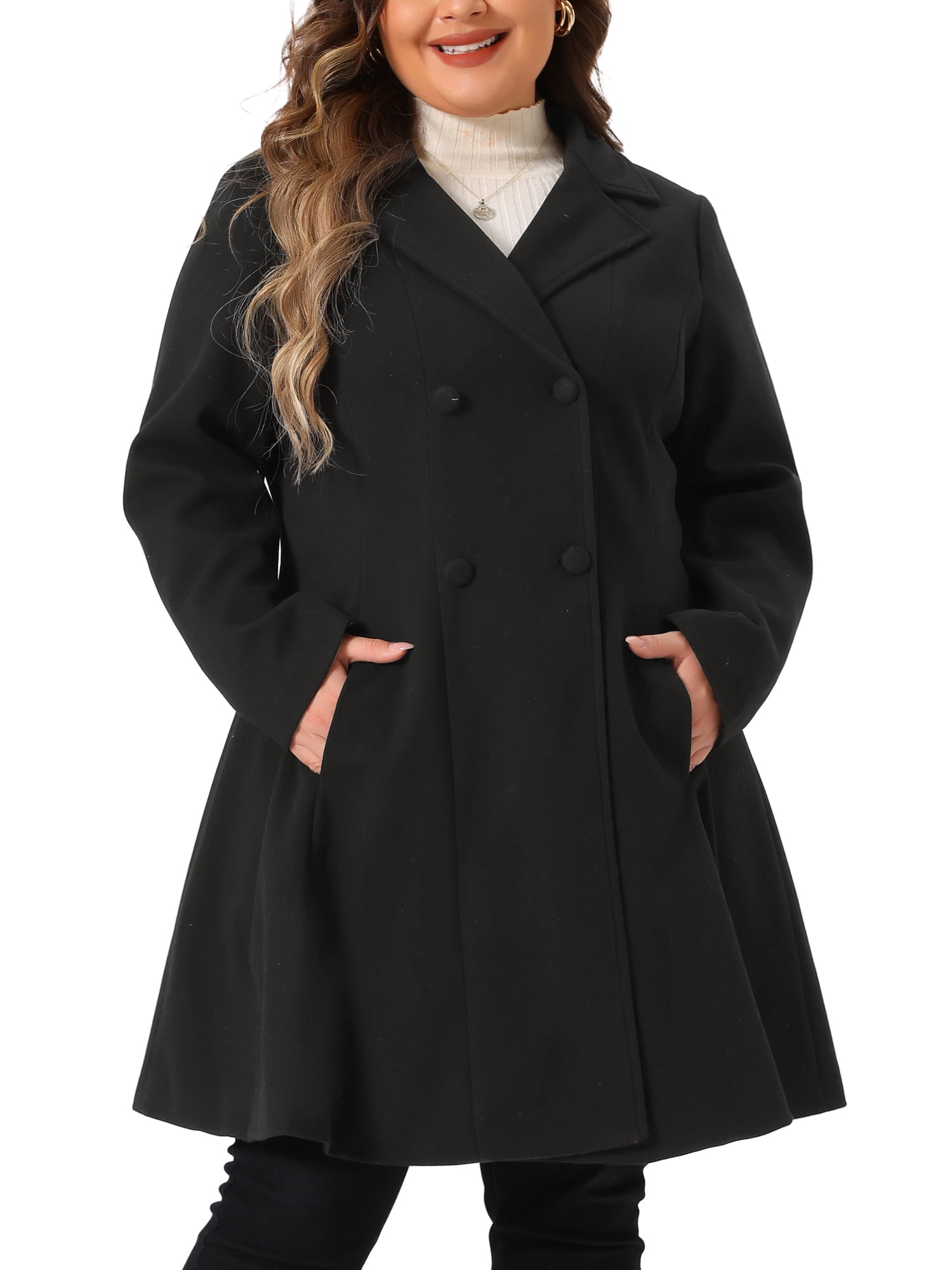 DARING DIVA Women's Plus Size Notch Lapel Double Breasted A Line Peacoat 1X Black