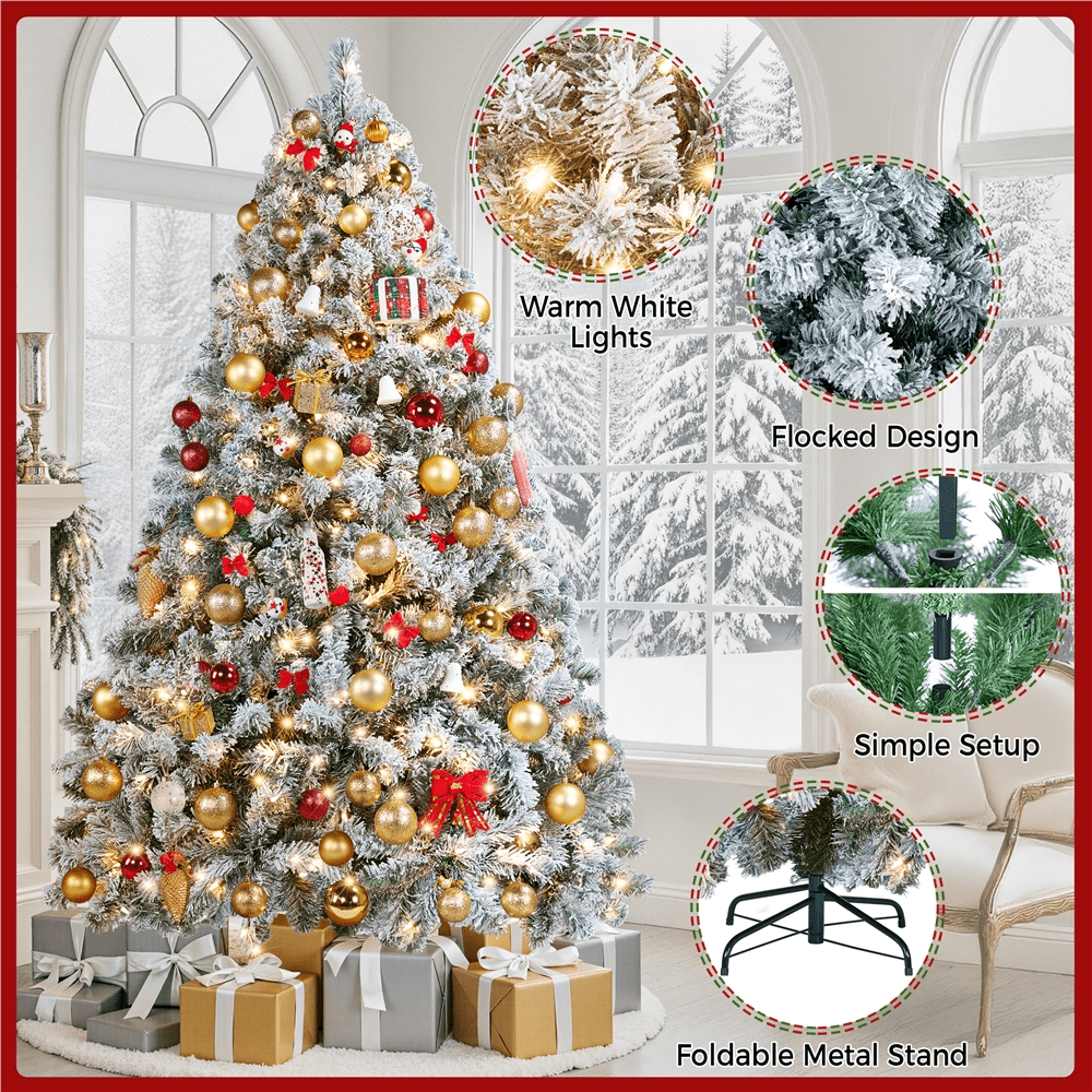 Alden Design 6Ft Pre-lit Flocked Artificial Christmas Tree with Foldable Stand, Green