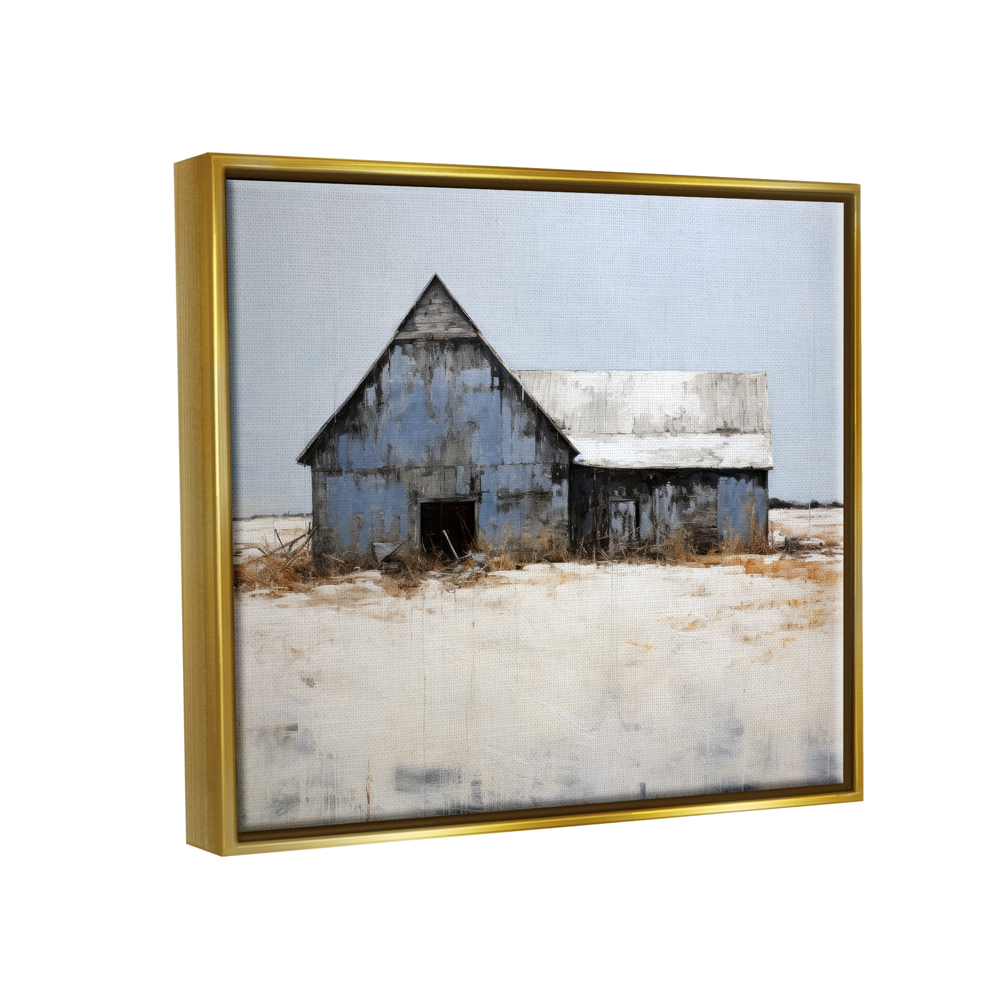 Stupell Industries Winter Country Barn Landscape Painting Gold Floater Framed Canvas Art Print Wall Art, 21 x 17
