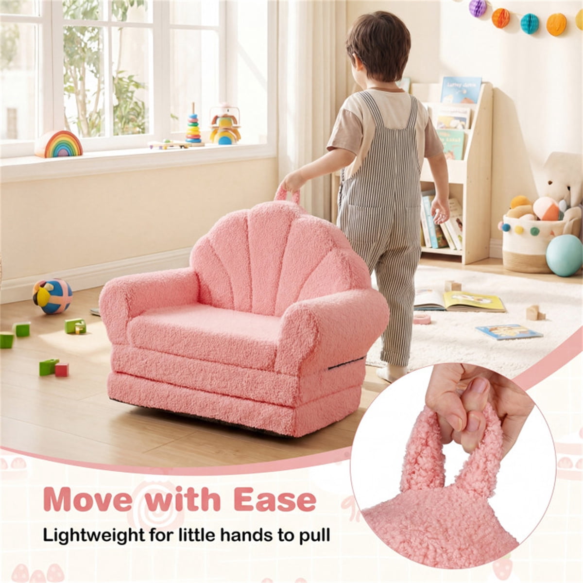 2-in-1 Flip Open Kids Sofa Lounger, Teddy Fleece Toddler Couch with Carry Handle, Converts from Sofa to Lounger, Removable Washable Cover, for Ages 3-8 (Pink)