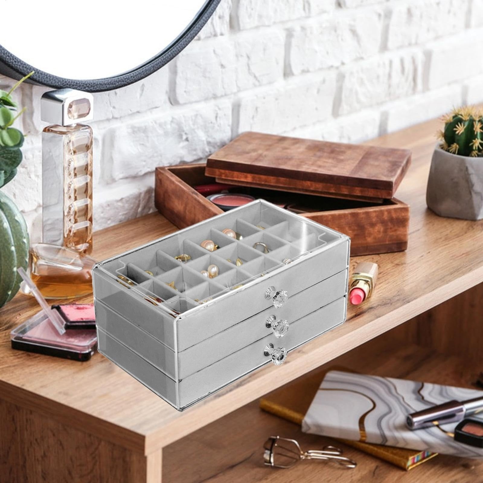 3-Layer Jewelry Storage Box With Drawers,Flannel Lined Jewelry Organizer Case,Earrings Rings Necklace Bracelet Compartment Holder,Portable Vanity Jewelry Display Box Multi Section Storage Organizer