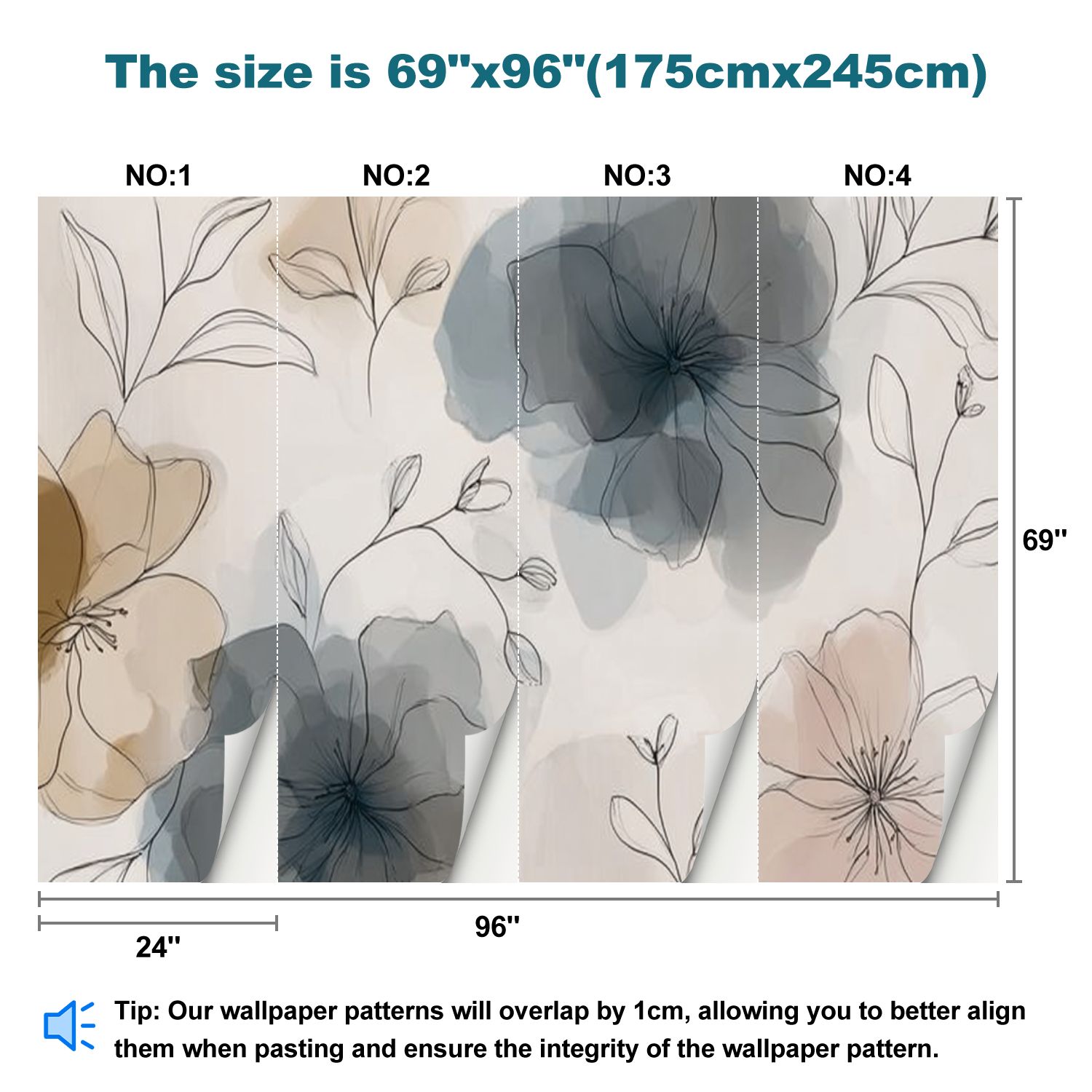 Peel and Stick Wallpaper Abstract Boho Floral Colorful Botanical Large Flowers Leafy Stems Modern Art Wall Mural Decor Self Adhesive and Removable 69in x 98in