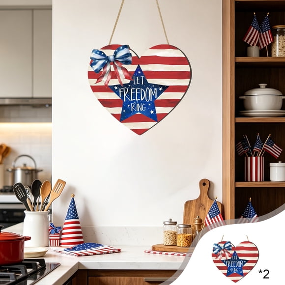 Letrero redondo de madera con diseño patriótico de estrellas y rayas – Adorno colgante para el Día de la Independencia, ideal para la puerta principal, la pared o una mesa.