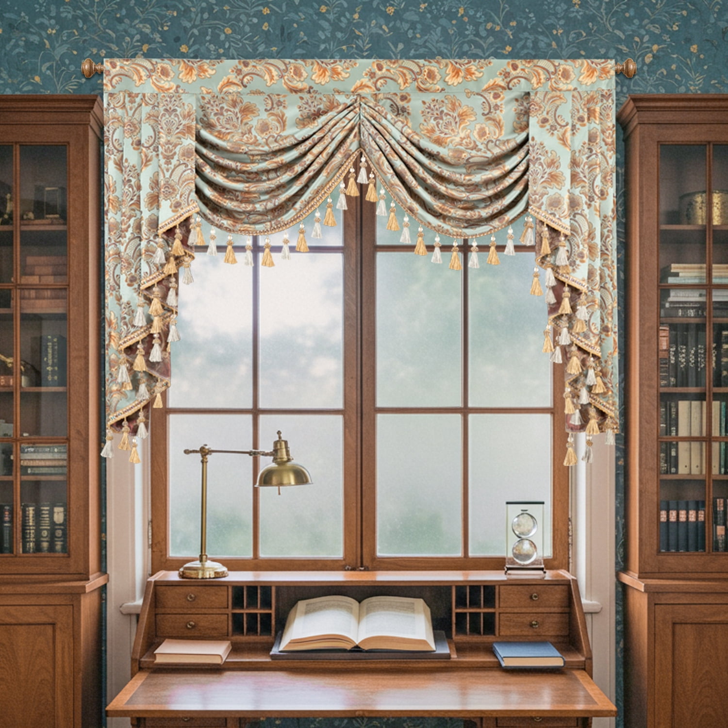 VOGOL Sky Blue Damask Valance, Baroque Swag Curtains with Beaded Trim, 59x43 Inches for Bedroom