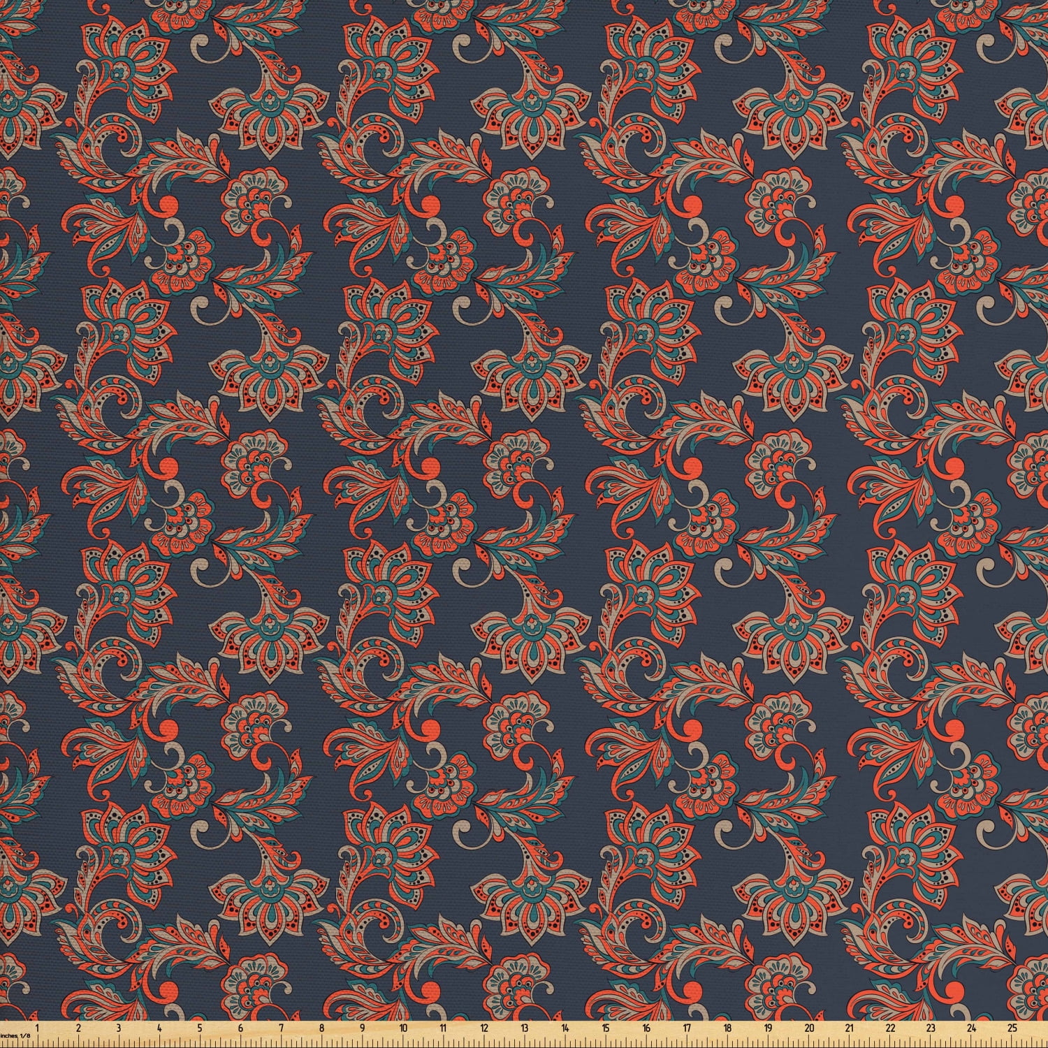 Ethnic Fabric by The Yard, Oriental Image with Floral Swirls and Leaves