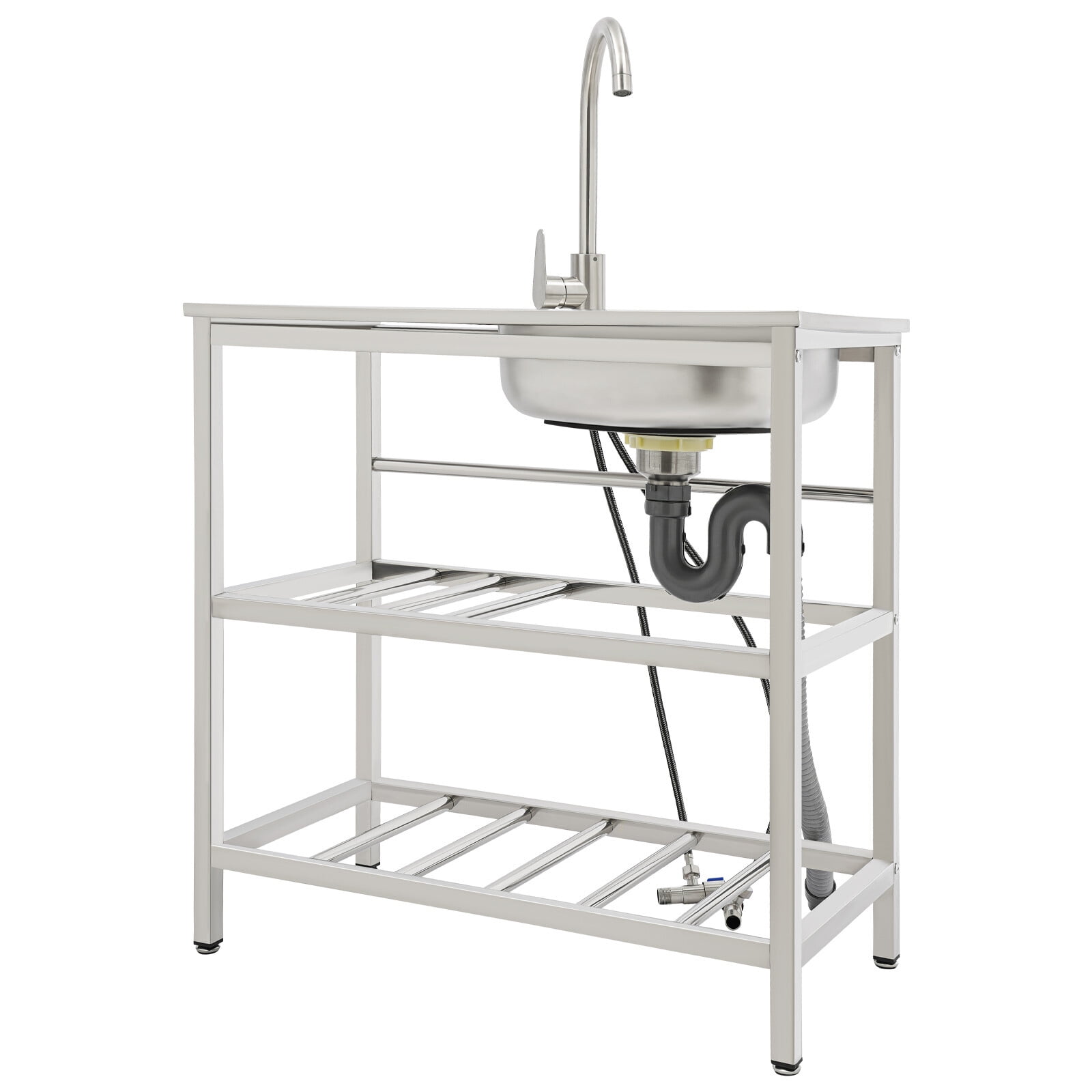 DUYIWAA Freestanding Stainless Steel Kitchen Sink with Faucet, Outdoor Utility Sink, 2-Tier Storage Rack, and Workbench for Dishwashing & Food Prep