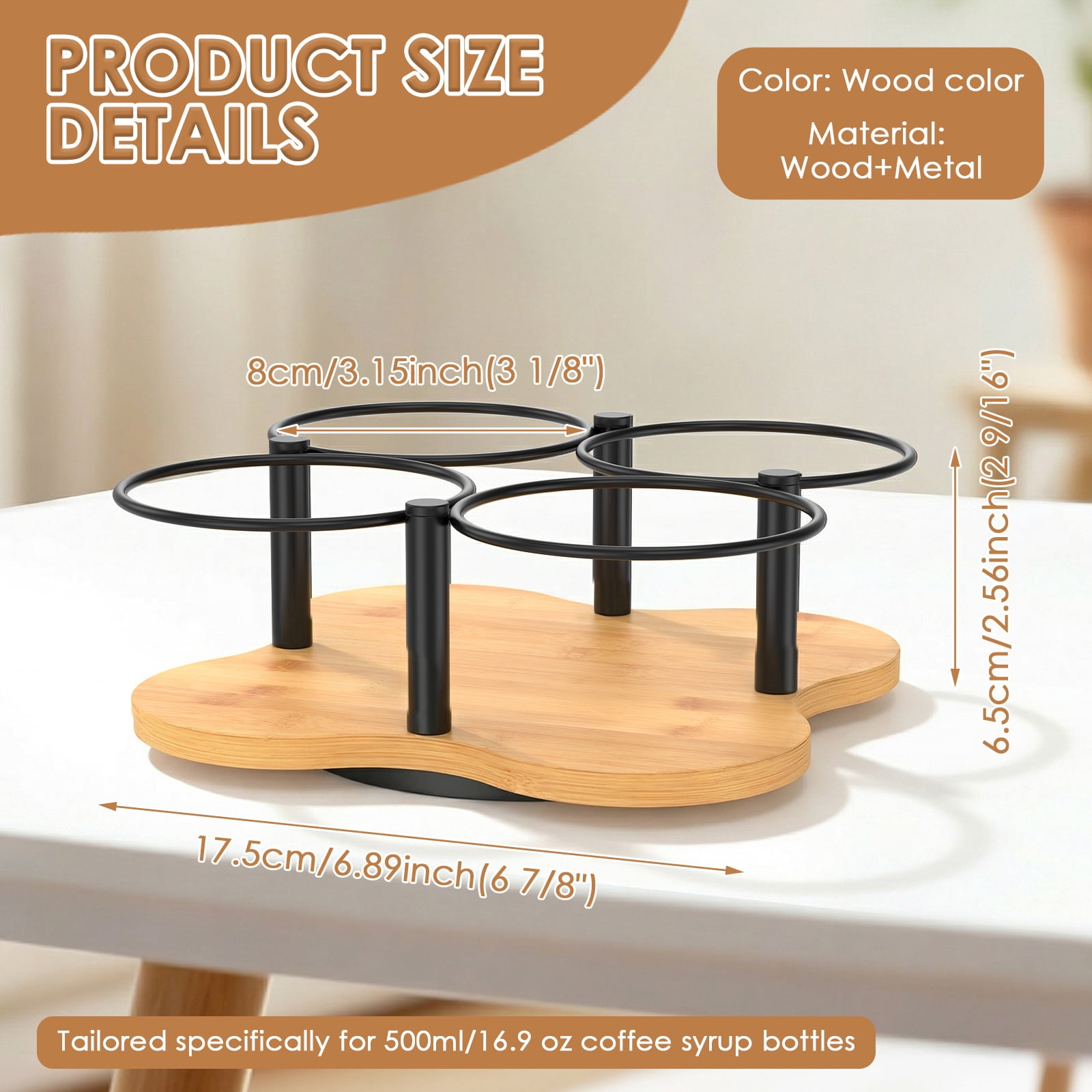 Rotating Coffee Syrup Organizer Wood and Metal 16.9oz Syrup Bottle Holder for Countertop Coffee Bar Accessories with 4 Separate Slots