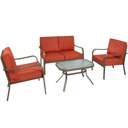 Walmart Clearance Patio Sets Best Choice Products 4-Piece Cushioned Furniture Conversation Set for Backyard, Patio, Lawn, Poolside w/ Loveseat, 2 Chairs, Coffee Table - Red ()