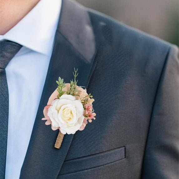 2 Pcs Rose Wrist Corsage and Boutonniere Set, Men Boutonniere, Silk Wedding Wristlet Band Bracelet for Wedding Suit Decoration, Wedding Prom Bride Groom (Champagne)