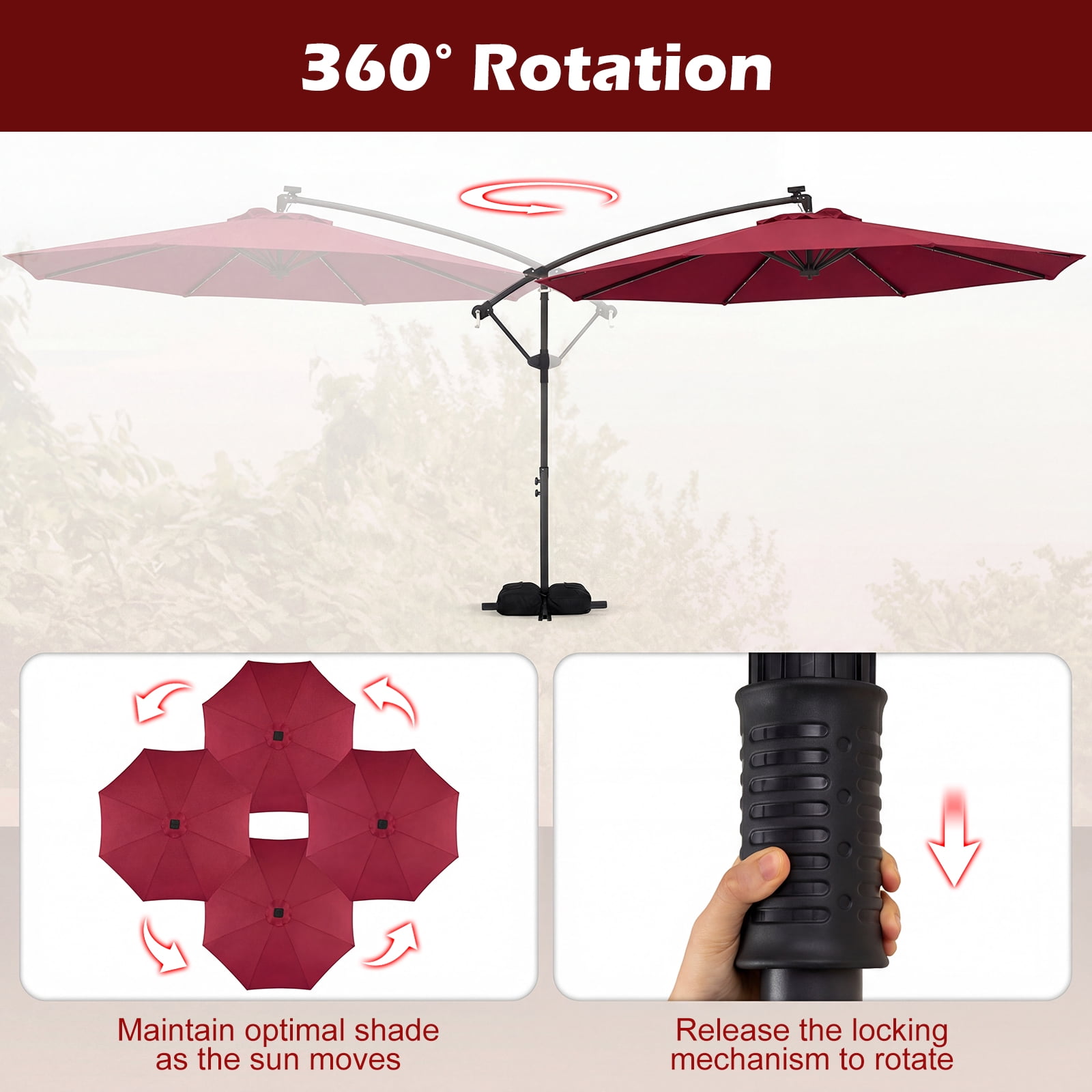 Costway 10 FT Solar Offset Hanging Umbrella Patio Cantilever Umbrella with 32 LED Lights Red