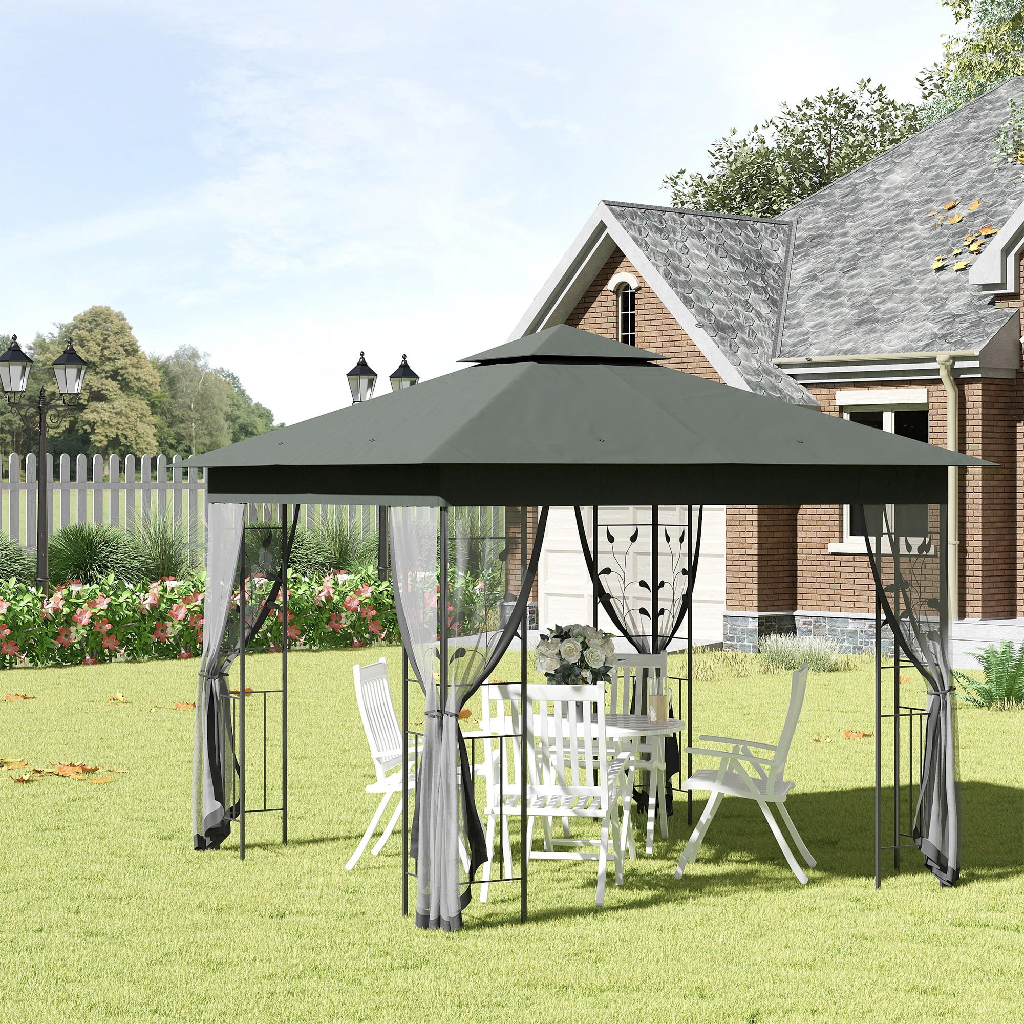 Outsunny&nbsp;10'&nbsp;x&nbsp;10'&nbsp;Metal Patio Gazebo, Double Roof Outdoor Gazebo Canopy Shelter with Tree Motifs Corner Frame and Netting, for Garden, Lawn, Backyard, and Deck, Gray