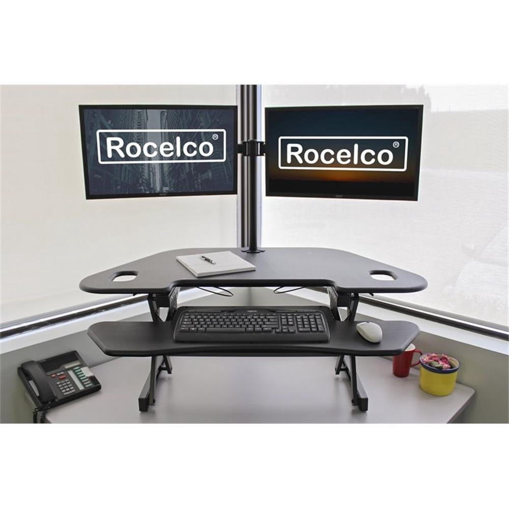 Pemberly Row Adj Corner Standing Desk Converter Dual Monitor Arm Bundle Black