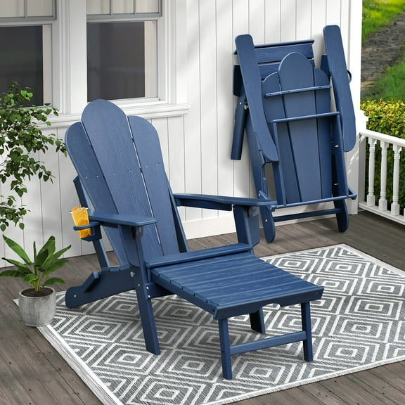 ATR ART to REAL Adirondack Chair with Retractable Ottoman, All Weather Patio Folding Fire Pit Chair with Cup Holder for Outdoor Poolside, Blue