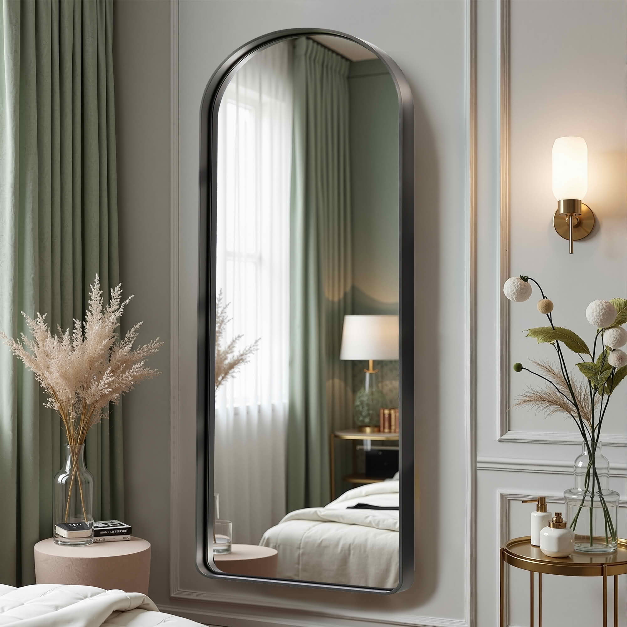 MAYEERTY 71x31x2 Inch Black Painted Aluminum Round Corner Arched Full Length Mirror, Deep, No Stand for Bedroom