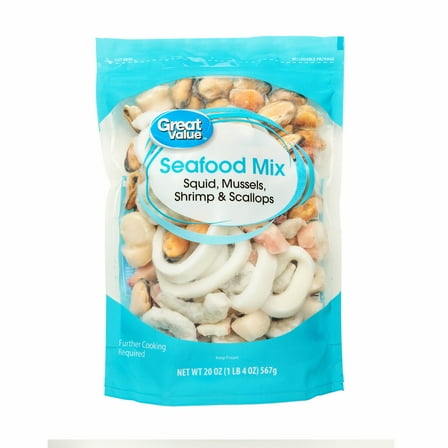Great Value Frozen Seafood Mix with Squid, Mussels, Shrimp, and Scallops, 20 oz Gluten-Free