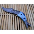 thumbnail image 3 of Fish shape Damascus steel folding knife cow leather sheath, hand forged Twist pattern Damascus blade, 8" folding pocket knife 4" blade colored Bone & Damascus bolster scale, 3 of 6