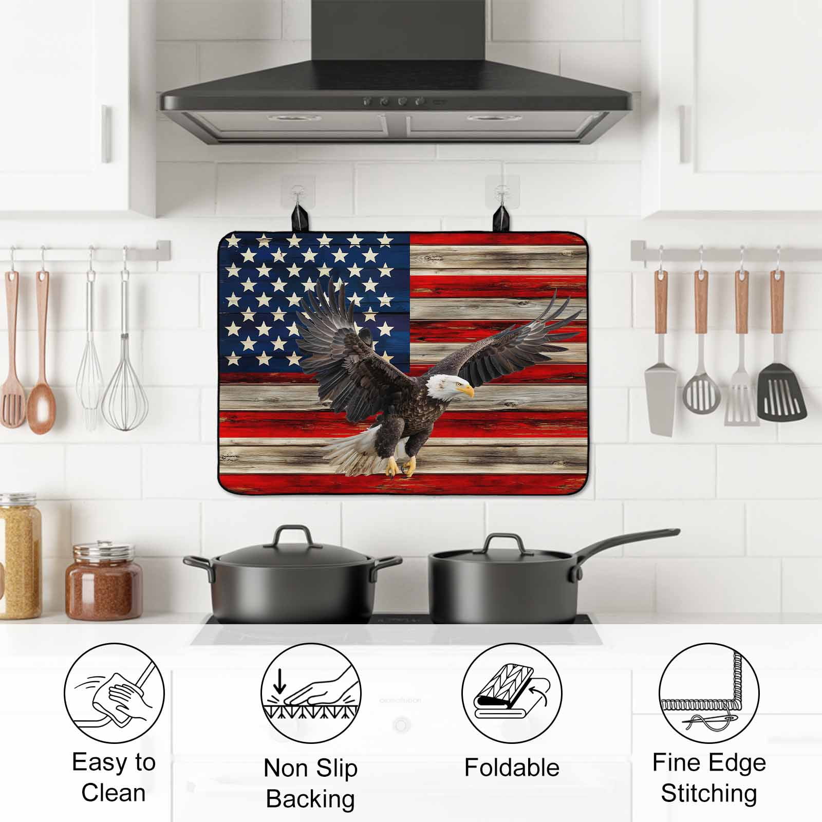 American Flag Stove Top Cover for Electric Stove, Heat-proof & Non Slip Glass Top Stove Cover Protector, Eagle Blue Red USA Flag Retro Kitchen Flat Cooktop Rubber Mat 24x21 Inches