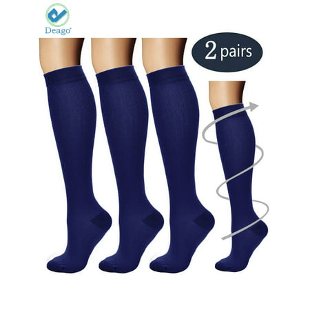 Deago 2 Pairs Compression Socks Women & Men Stockings Graduated Support - Best Running, Athletic Sports, Flight Travel (Navy, (Best Compression Stockings For Travel)