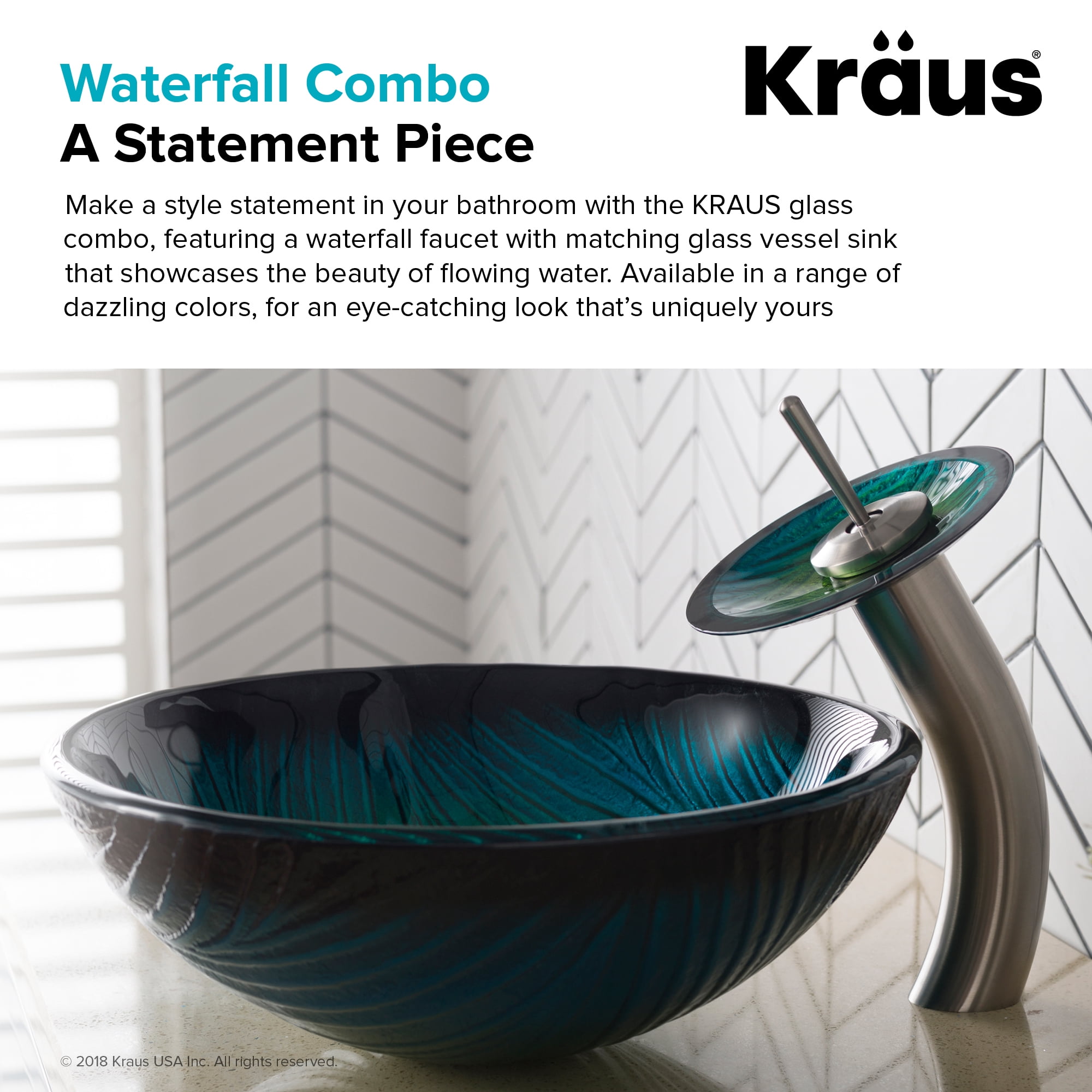 KRAUS Nature Series Green Glass Bathroom Vessel Sink and Waterfall Faucet Combo Set with Matching Disk and Pop-Up Drain, Satin Nickel Finish