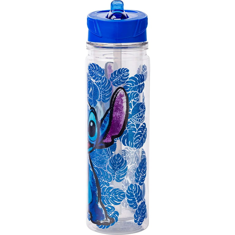 Silver Buffalo Lilo and Stitch Floral Sketch Glitter Double Walled Tritan Water Bottle, 18-Ounce