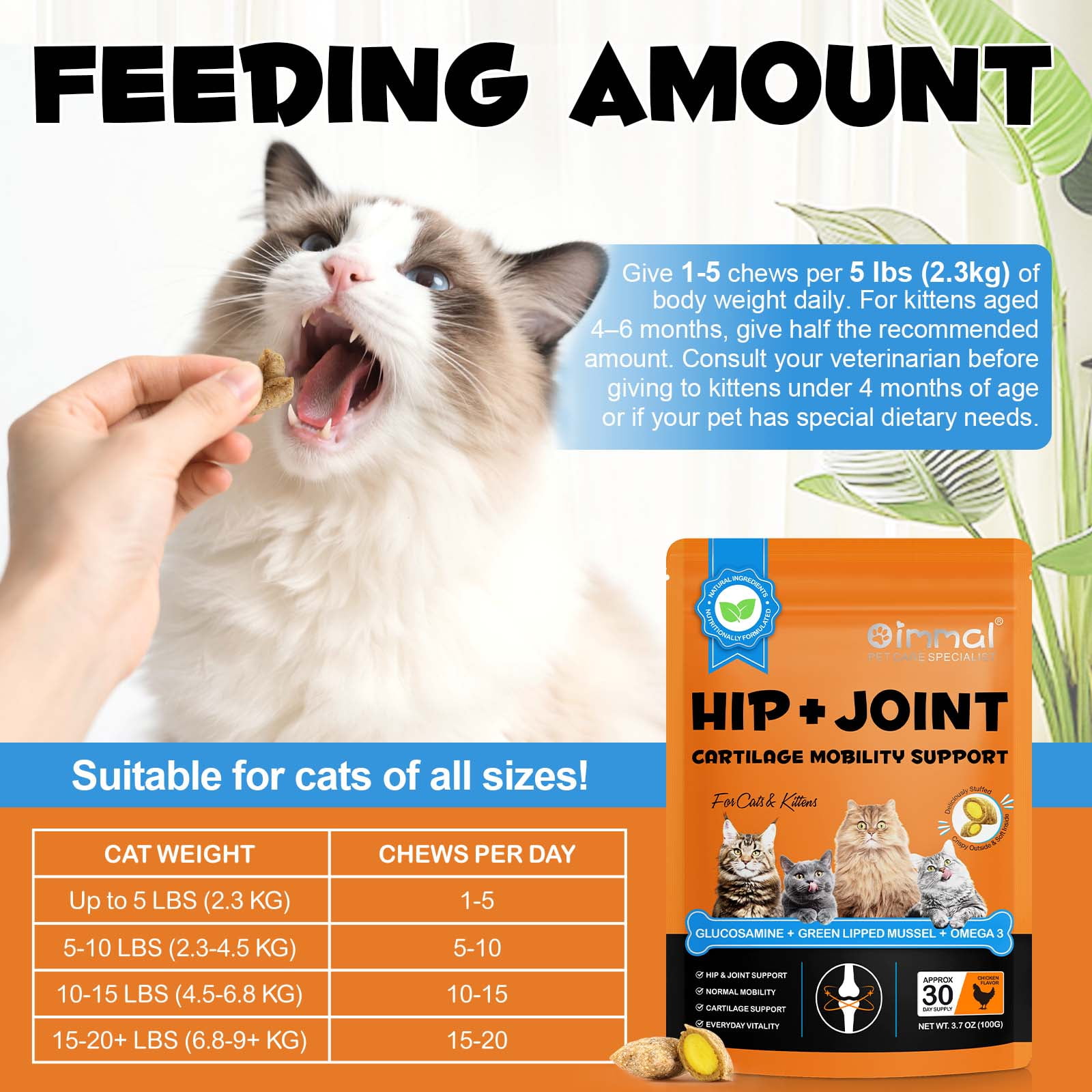 Oimmal Cats Joint Health Supplement, Contains Glucosamine for Cats, Plus Green Lipped Mussel and Omega-3, Supports Joint Health & Mobility, Crunchy Outside & Soft Inside 120day