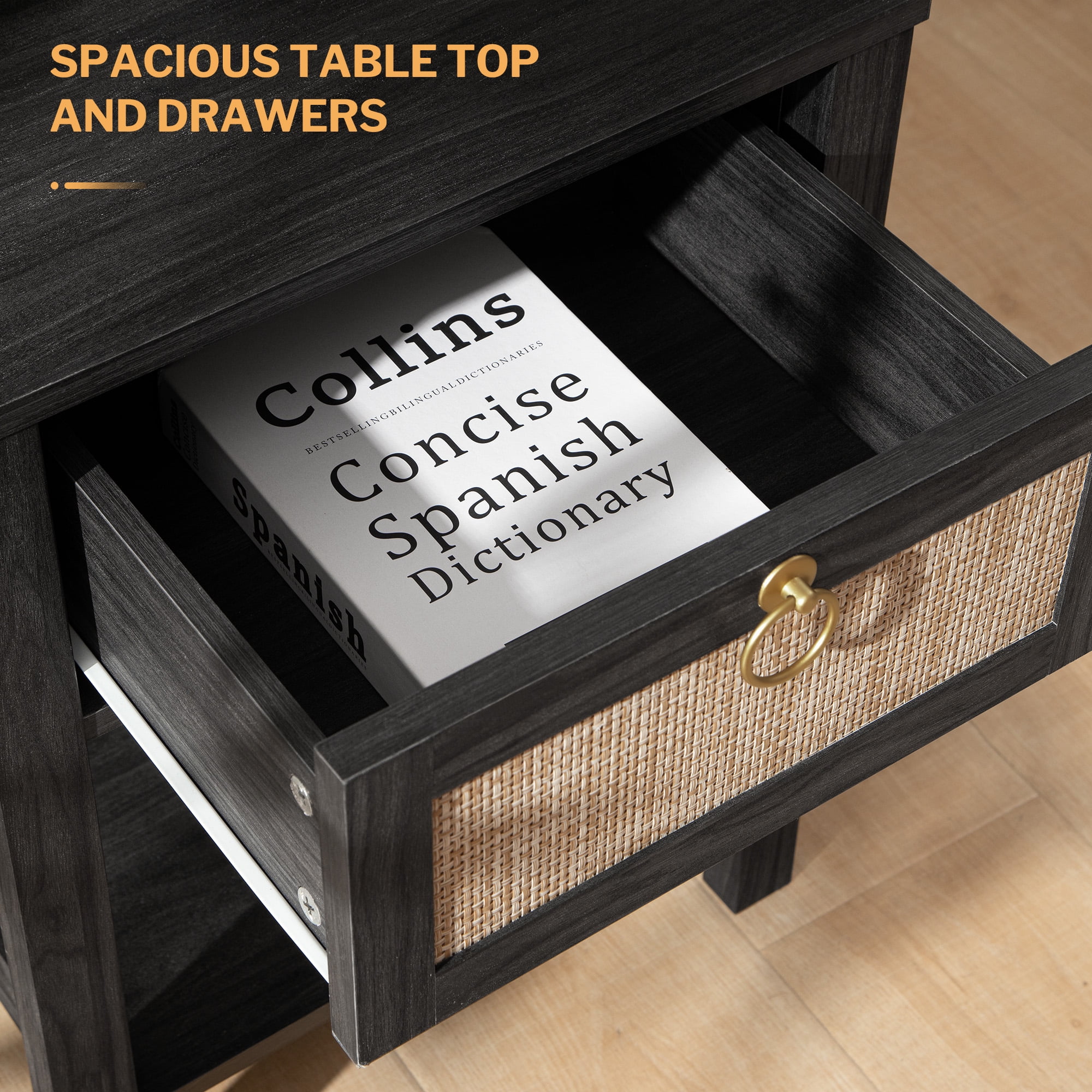 SICOTAS Rattan Nightstands Set of 2, Black Farmhouse Boho End Side Table with Drawers, Engineered Wood Accent Bedside Table for Bedroom, Living Room