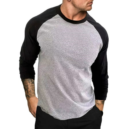 Dagegui Today Deals Mens Fall T-Shirts Crew Neck Raglan Long Sleve Shirts Fashion Color Block Tops Casual Loose Fit Pullover Shir Gray 2XL