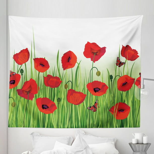 Poppy Flower Tapestry, Grass Flowers Butterfly Floral Arrangement Summer  Greenland Work of Art Print, Fabric Wall Hanging Decor for Bedroom Living