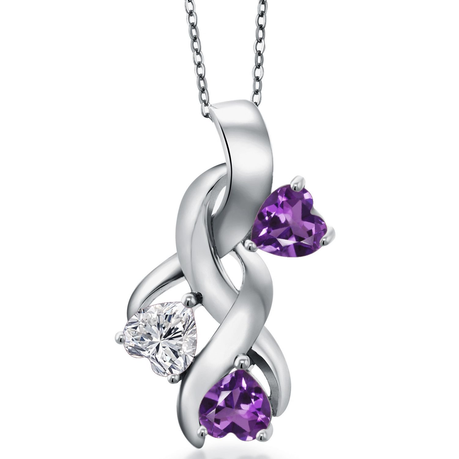 Gem Stone King 925 Sterling Silver Lab Grown Diamond and Purple Amethyst Pendant Necklace for Women | 1.28 Cttw | Gemstone April Birthstone | Heart Shape 5MM | With 18 inch Chain
