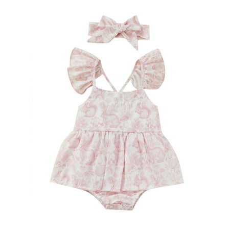 

Sister Matching Outfits Toddler Baby Girl Sleeveless Romper/Dress Cartoon Rabbit Print Ruffle Summer Clothes