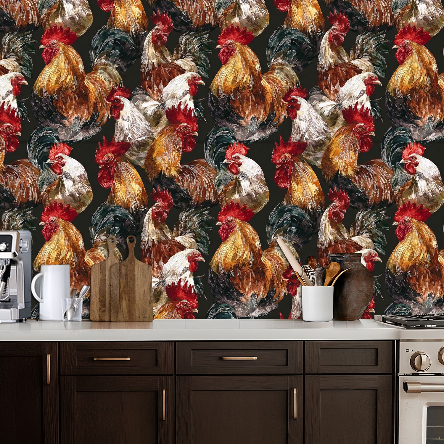 Farmhouse Peel and Stick Wallpaper Colorful Rooster Rustic Farmhouse Style Dark Wall Mural 17.7in x 9.8ft Self Adhesive Removable Wall Paper Renter Friendly Wallpaper for Nursery Bedroom Cabinets