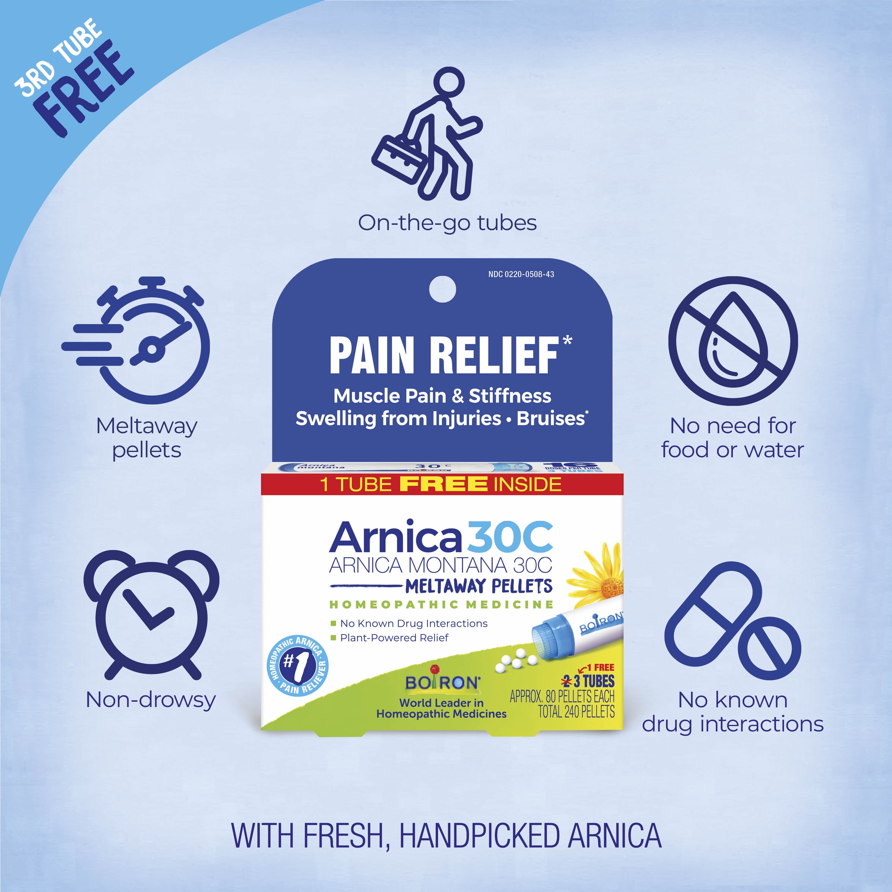 (3 pack) Boiron Arnica Montana 30C Multi-Pack, Homeopathic Medicine for Pain Relief, Muscle Pain & Stiffness, Swelling from Injuries, Bruises, 240 Pellets