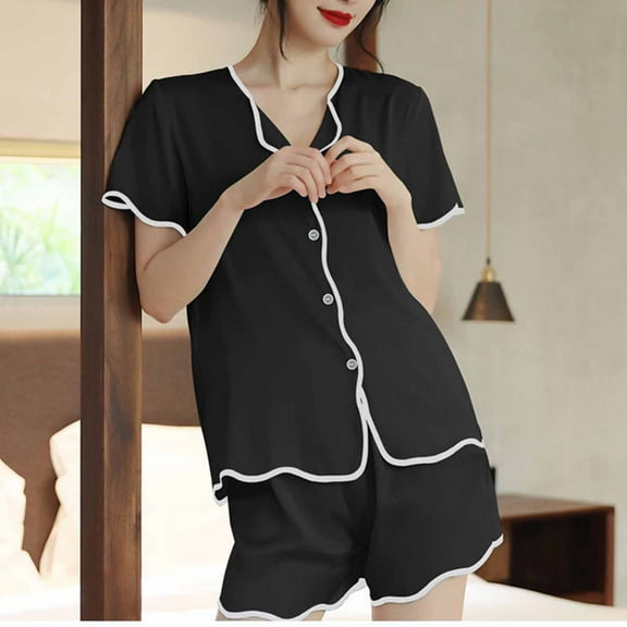 Amkhujs Pajamas for Women Set Short Sleeve Sleepwear Button up and Shorts Nightwear 2 Piece Loungewear Sets