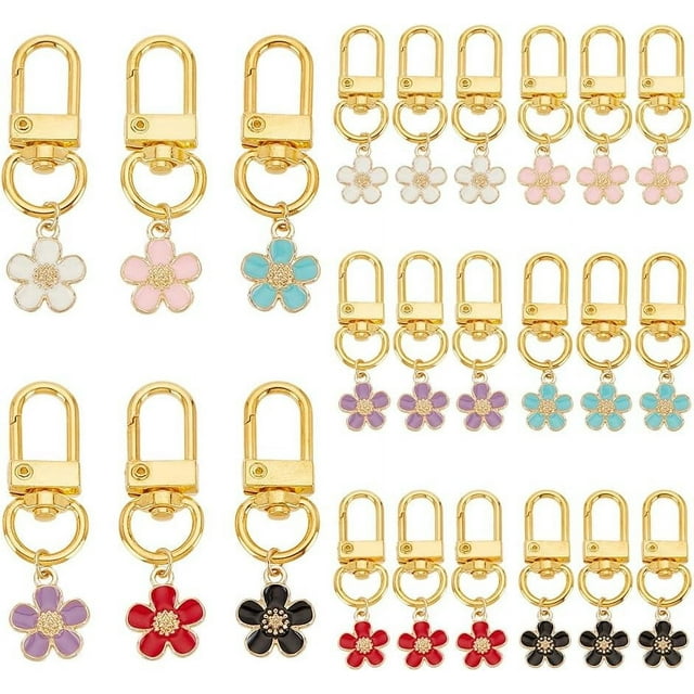 24 llaveros de flores esmaltadas de 6 colores, dijes florales de aleación colgantes con cierres giratorios de aleación, colgantes para bolsos de coche, adornos colgantes.