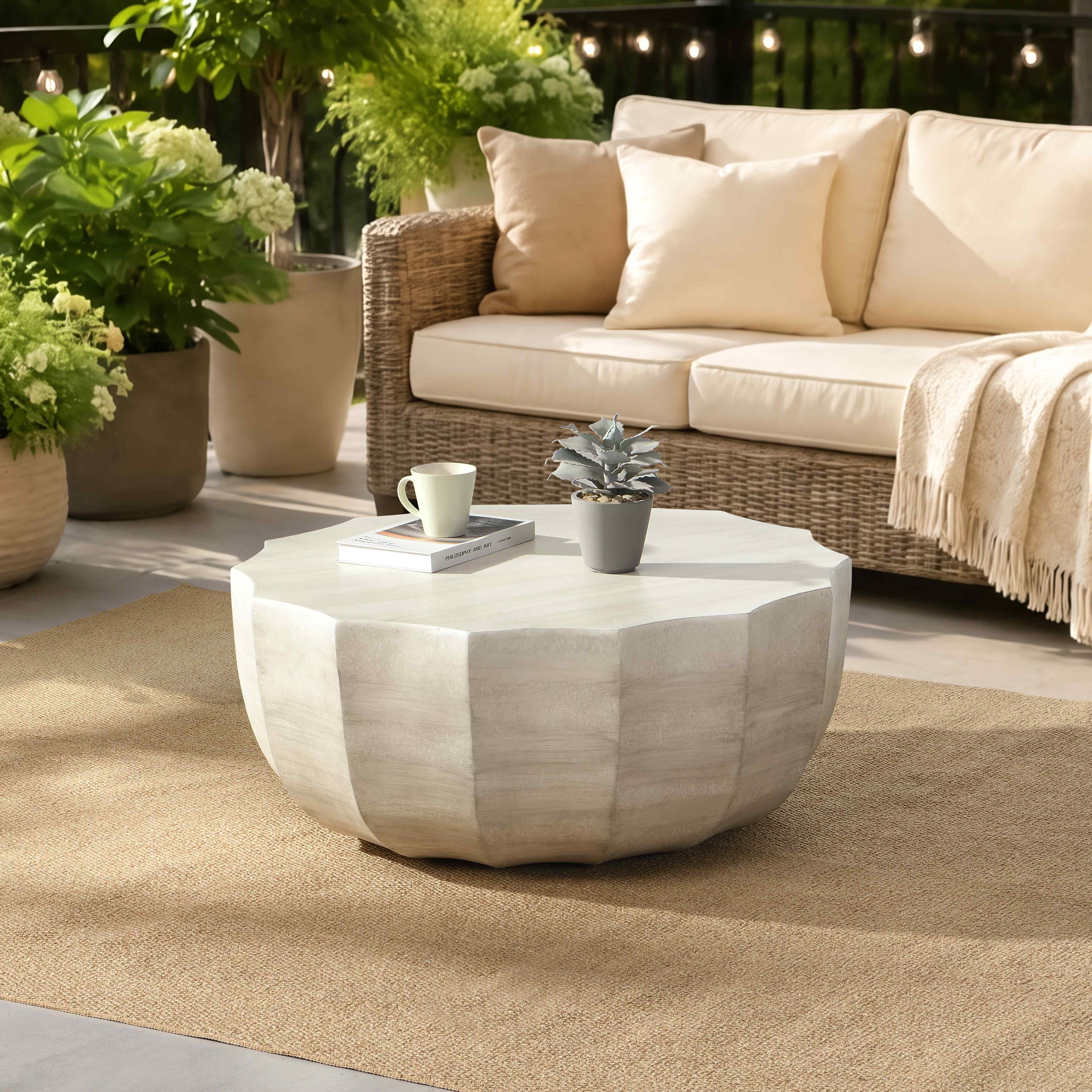 Lunale 35.43" Coffee Table for Indoor & Outdoor, Waterproof Durable MgO Cement Design, Off White