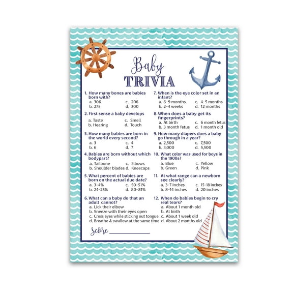 NAUTICAL Baby Shower Games — BABY TRIVIA Game — Pack of 25, Rustic Navy Blue Anchor, Ahoy BOY Baby Shower Game, Sail Boat Fun Baby Facts Game Gender Neutral Nautical Theme Shower Activity G807-TRV
