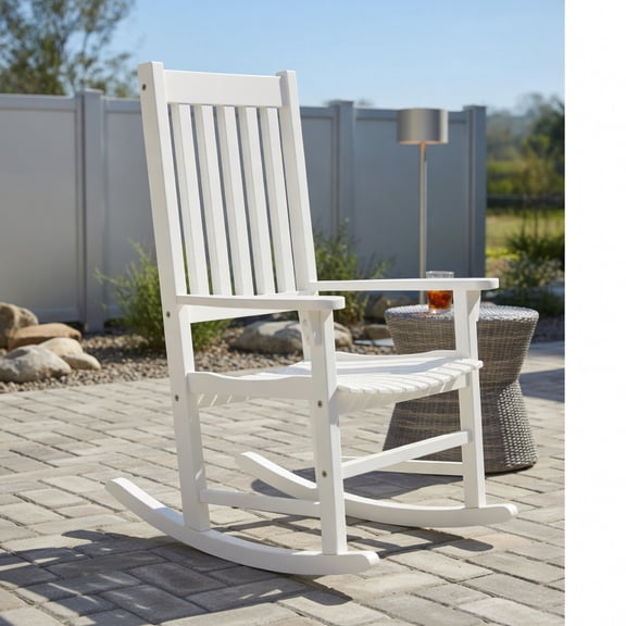 Yardi Yard Indoor Outdoor Wooden High Back Rocking Chair, Patio Furniture Chair, Balcony Porch Adult Rocking Chair-White