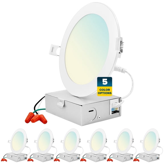 Sunperian 6 inch Ultra-Thin LED Recessed Light J-Box 5 Color Options 12W 1000 Lumens Dimmable Wet Rated ETL Listed 6 Pack