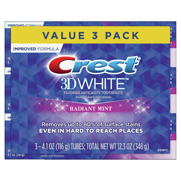 Crest 3D White Whitening Toothpaste, Radiant Mint, 4.1 oz, 3 Pack